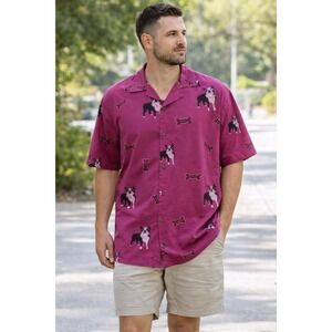 Handmade Boston Terrier Dog Print Button Front Shirt Pink Oversized Novelty Top